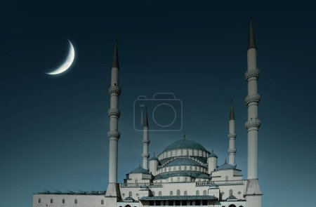 Islamic background landscape photo. Shining crescent in the night sky, mosque view. Background image for islamic holidays and greeting card.