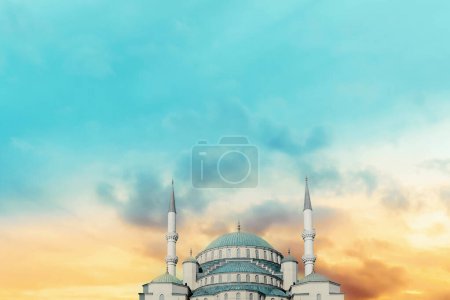 Historical mosque landscape in sunset. Can be used as social media story, greeting card, ramadan and religion concept background image. Islamic background photo.