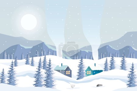 Illustration pour Paysage hivernal avec montagne, maisons et arbres dans un style plat - image libre de droit