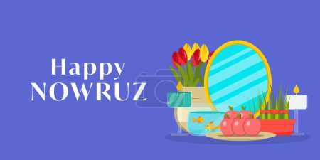 Téléchargez les illustrations : Happy nowruz in flat design horizontal banner illustration - en licence libre de droit