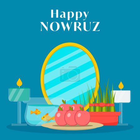 Téléchargez les illustrations : Flat design happy nowruz illustration with apple, candles, grass, mirror, and aquarium - en licence libre de droit