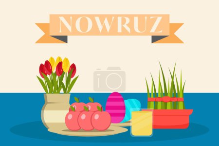Téléchargez les illustrations : Nowruz background illustration with tulips, grass, eggs, apple, and drinks - en licence libre de droit