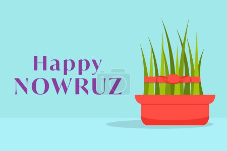 Téléchargez les illustrations : Plat design heureux affiche de bannière horizontale Nowruz illustration avec de l'herbe - en licence libre de droit