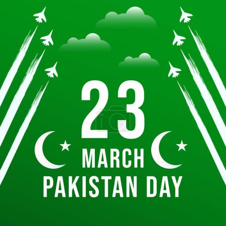 Téléchargez les illustrations : Carte de vœux de jour pakistan design plat avec avion volant - en licence libre de droit