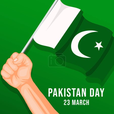 Téléchargez les illustrations : Concept de conception de jour pakistan avec main tenant drapeau pakistan - en licence libre de droit