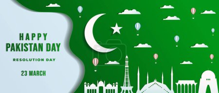 Téléchargez les illustrations : Journée du Pakistan dans le style d'art papier bannière horizontale avec le point de repère du Pakistan, nuage, et montgolfière - en licence libre de droit