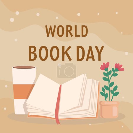 Téléchargez les illustrations : Journée mondiale du livre illustration avec un verre de café et de plante - en licence libre de droit