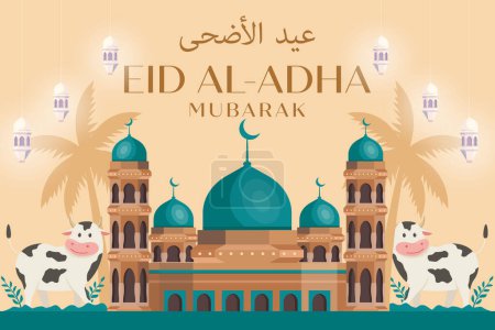Illustration for Eid al adha background illustration with mosque, leaves, lanterns, and cute cows - Royalty Free Image