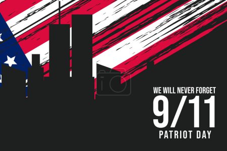 9 11 patriota fondo del día con la construcción de la silueta y la bandera estadounidense áspera