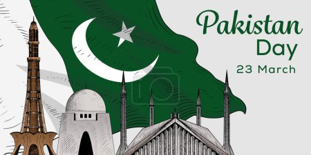 Téléchargez les illustrations : Dessin à la main vecteur Pakistan Day illustration de bannière horizontale design - en licence libre de droit