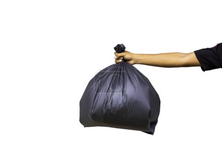 Téléchargez les photos : Black garbage bag isolated on white background. Handheld Black Garbage Bag. clipping mask - en image libre de droit