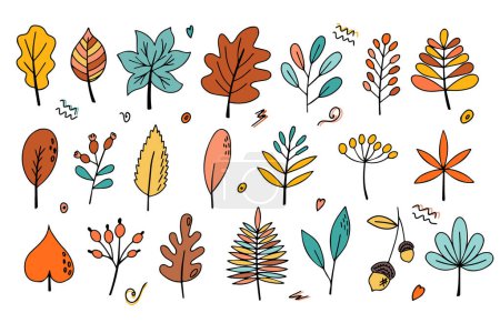 Ilustración de Conjunto de hojas brillantes de otoño con elementos decorativos. Al estilo Doodle. Hola, Autumn. Diseño o pegatina. Ilustración vectorial aislada - Imagen libre de derechos