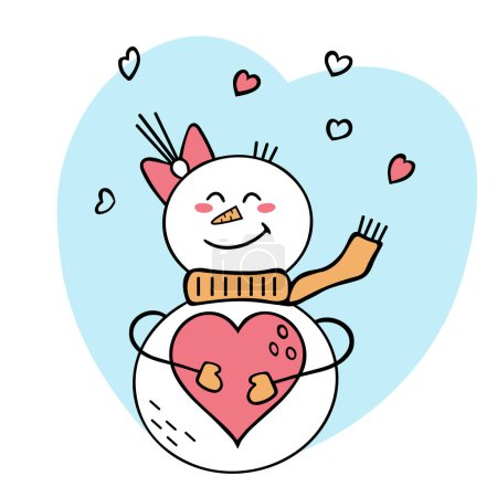 Téléchargez les illustrations : Bonhomme de neige joyeux tenant un cœur rose. Illustration de caniche. Bonjour l'hiver. - en licence libre de droit
