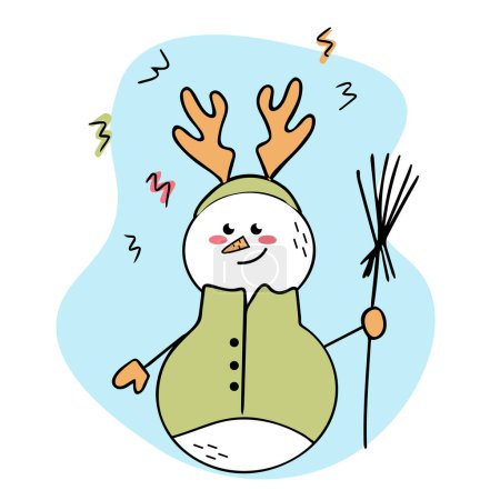 Téléchargez les illustrations : Bonhomme de neige joyeux dans un costume de cerf avec un balai. Illustration de caniche. Caractère des enfants. Bonjour l'hiver. - en licence libre de droit