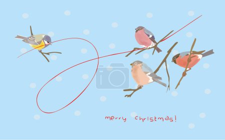 Karta okolicznościowa na ferie zimowe. Trzy ptaki siedzą na gałęziach śniegu na niebieskim tle. Wesołych Świąt. Ilustracja wektora. Pocztówka, plakat, zaproszenie.