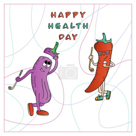 Illustration for Carton Doodles hand drawning funny color vector images with  inscription  Happy helth day. Vegetables  are actively involved in sports demonstrating a healthy lifestyle. - Royalty Free Image