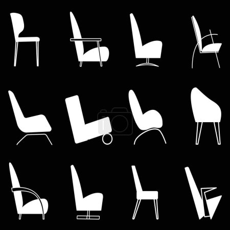 Illustration for White silhouette of chairs and arm chairs of modern design on a black background.  Seamless printing pattern for printing on fabric, packaging, textiles, greeting cards - Royalty Free Image