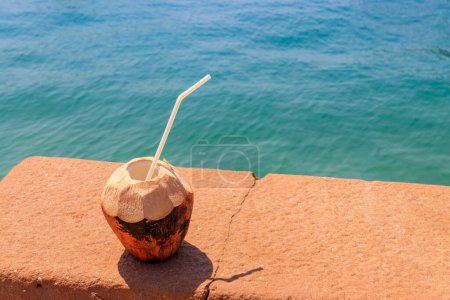 Téléchargez les photos : Cocktail de noix de coco tropicale fraîche avec paille à boire au bord de l'océan - en image libre de droit