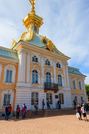 Photo for St. Petersburg, Russia - June 25, 2019: Corps under Coat of Arms of Grand Palace in Peterhof in St. Petersburg, Russia. The Peterhof Palace and Gardens complex is a UNESCO World Heritage Site - Royalty Free Image