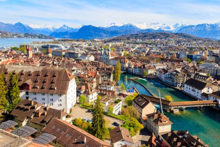 View of the Reuss river and old town of Lucerne (Luzern) city, Switzerland. View from above