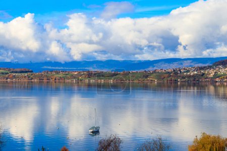 View of the Lake Murten at autumn from Murten city, Switzerland