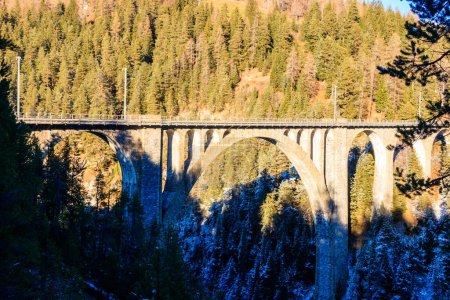 Téléchargez les photos : Vue du viaduc de Wiesen, chemin de fer rhétien, Graubunden en Suisse en hiver - en image libre de droit