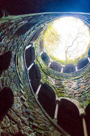 Initiation Well (Inverted tower) at park of Quinta da Regaleira palace in Sintra, Portugal