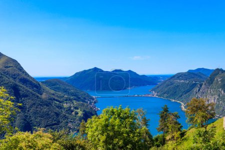 Photo for Scenic view of lake Lugano from Monte Bre mountain in Ticino canton, Switzerland - Royalty Free Image