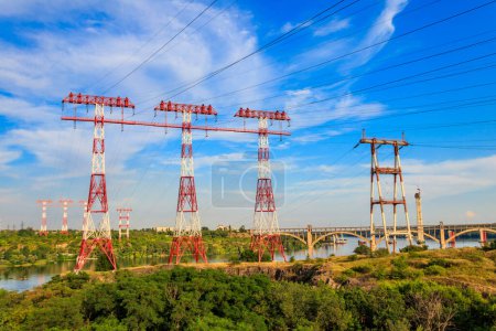 High voltage power line across the Dnieper river on Khortytsia island in Zaporizhia, Ukraine
