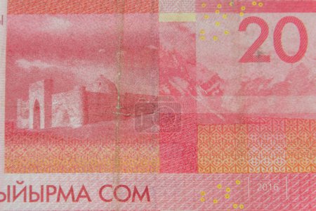 Macro tiro de billete de 20 som. Billete en efectivo de Kirguistán. Moneda nacional de Kirguistán