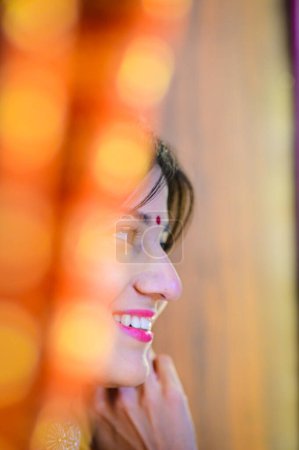 Photo for Beautiful indian bride. Elegance silk shine of veil. Silk cape. Romantic indian woman. Colorful - Royalty Free Image
