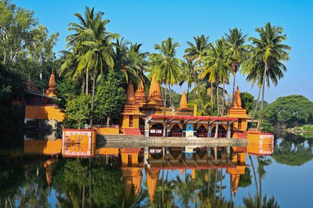 Photo for Hindu Temple. Palm trees and lake. Blue Sky. Lovely Water reflection. Maharashta. india - Royalty Free Image