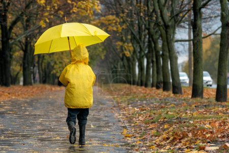 Foto de Vista posteriorNiño con un paraguas camina bajo la lluvia en el parque de otoño. Niño en el caminar - Imagen libre de derechos