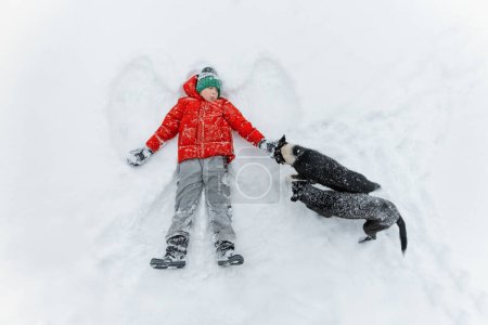 Foto de Boy hace ángel de nieve cerca de dos perros en el frío día de invierno nevado. Perros de rescate. Vista superior - Imagen libre de derechos