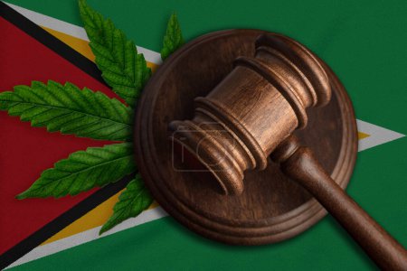 Téléchargez les photos : Gavel en bois Justice avec feuille de cannabis sur le drapeau de Guyane. Croissance illégale de plantes de cannabis et propagation de drogues - en image libre de droit