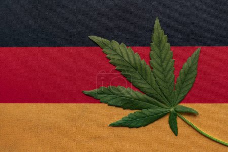 Téléchargez les photos : Drapeau de l'Allemagne et feuille de cannabis frais. Culture et distribution illégales. Usage médical - en image libre de droit
