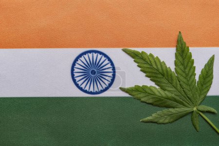 Téléchargez les photos : Grand drapeau de l'Inde près et feuille de cannabis frais. Culture et distribution illégales. Usage médical. - en image libre de droit