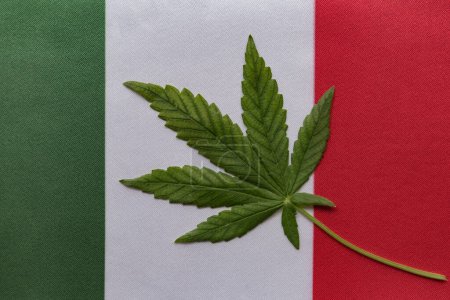 Téléchargez les photos : Drapeau de l'Italie et grande feuille de cannabis vert frais. Culture et distribution illégales. Usage médical - en image libre de droit