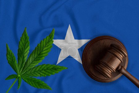 Téléchargez les photos : Feuille de cannabis et marteau du juge sur le fond du drapeau somalien. Concept de légalisation de la marijuana. - en image libre de droit