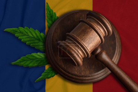 Téléchargez les photos : Gavel et feuille de cannabis sur le drapeau roumain. Le concept de légalisation de la marijuana en Roumanie - en image libre de droit