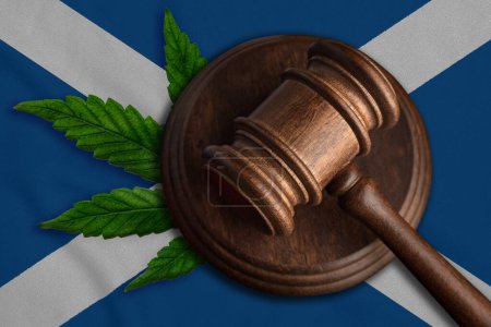 Téléchargez les photos : Marijuana et juges gavel sur le drapeau écossais. Concept de loi sur le cannabis. - en image libre de droit