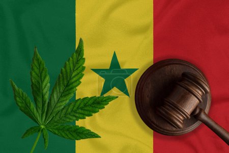 Téléchargez les photos : Cannabis et juges marteau sur le fond du drapeau sénégalais. Le concept de légalisation de la marijuana au Sénégal. - en image libre de droit
