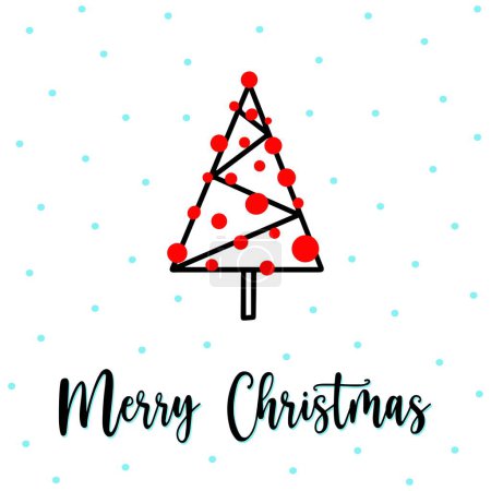 Photo for Geometric Christmas tree greeting card with Merry Christmas lettering. Drawn geometric Christmas tree with red garland, snowfall on background. Minimalist thin line Christmas tree in geometric style. - Royalty Free Image