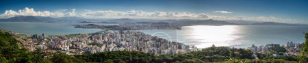 A panorama of the view across the city of Florianopolis across the narrow straights leading to Sao Jose on the mainland of Brazil, taken from the viewpoint at Morro da Cruz.
