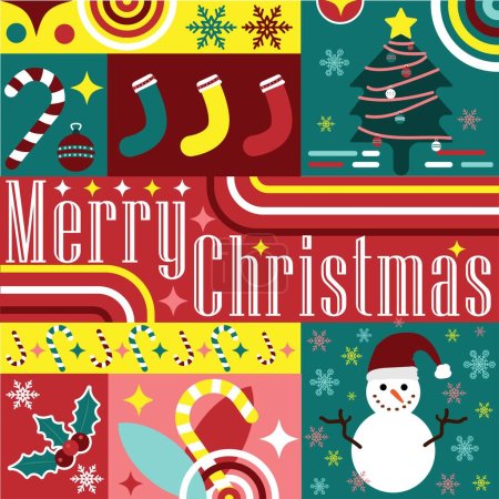 Illustration for Merry Christmas banner design with geometric shapes, patterns and colors such red and green. Horizontal Banner of Christmas illustration modern colorful vector design. festive season colorful banner. - Royalty Free Image