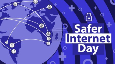 Der Safer Internet Day wird jedes Jahr im Februar gefeiert. Safer Internet Day Hintergrund mit Globus, Schloss-Symbol, geometrischen Formen und lebendigen Farben. Banner im Internet.