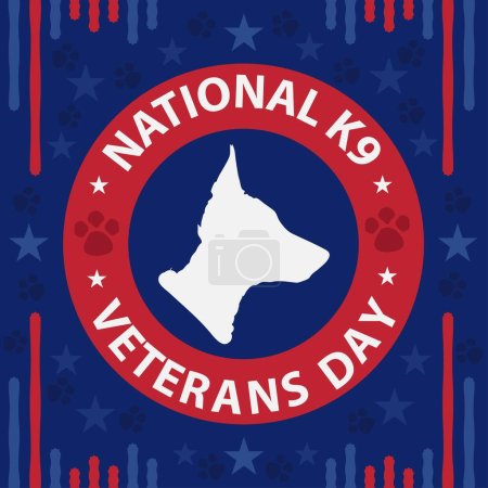 Vector Banner Design feiert den National k9 Veterans Day im März. National k9 Veteranentag Hintergrund mit amerikanischen Flaggen Thema Farben und Symbole wie Sterne, Hund gehört Silhouette und Typografie.