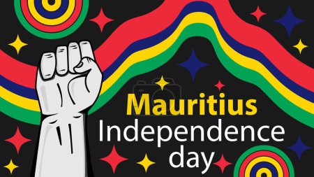 Téléchargez les illustrations : Vector horizontal banner for Mauritius Independence Day celebrated every year on March 12. Mauritius Independence Day background with fist pump icon, stars and Mauritius flag colored stripes. - en licence libre de droit