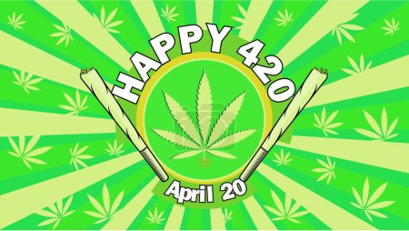 Illustration for Happy 420 day vector illustration background. happy 420 celebrated every year on April 20. Banner design with marijuana or cannabis plant symbol pattern, sun burst, cannabis cigarette icons and text. - Royalty Free Image