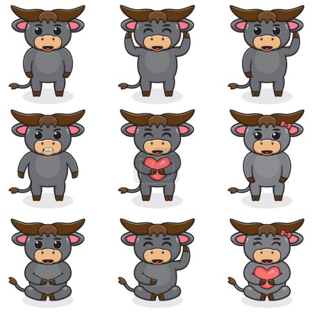 Illustration vectorielle du dessin animé Buffalo. Un joli set de Buffalo. Ensemble d'animaux. Caricature et personnages isolés vectoriels. Une collection d'animaux dans le style des enfants.